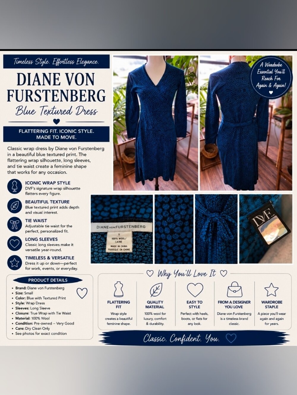 Diane von Furstenberg DVF Blue Wool Wrap Dress Size S